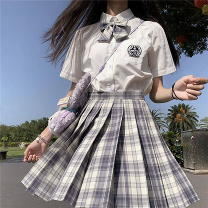 Japanese Academy JK Uniform | Short-Sleeve Shirt & Plaid Pleated Skirt | Esports Girl & Student School Uniform Full Set C051 party X party