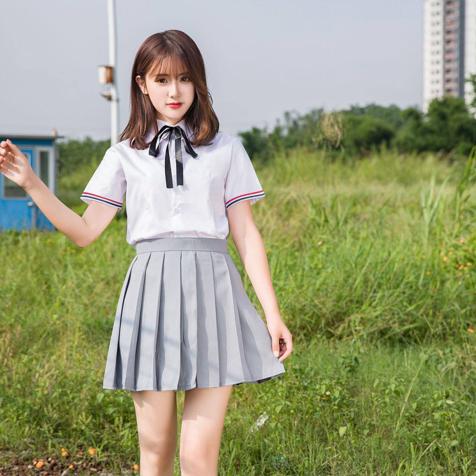 Classic JK White Shirt Set: Women’s Modest Long Academy Skirt & Men’s Gray Trousers - High School Class Uniform C009 party X party