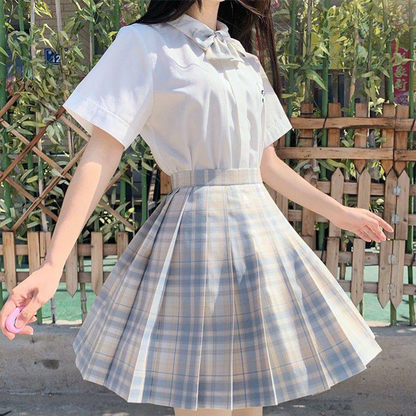 Japanese Academy JK Uniform | Short-Sleeve Shirt & Plaid Pleated Skirt | Esports Girl & Student School Uniform Full Set C051 party X party