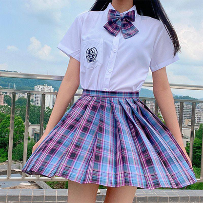 Japanese Academy JK Uniform | Short-Sleeve Shirt & Plaid Pleated Skirt | Esports Girl & Student School Uniform Full Set C051 party X party