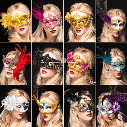 Elegant Feather & Lace Masquerade Masks - Venetian-Style for Halloween - party X party