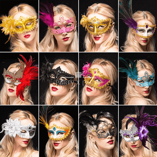 Elegant Feather & Lace Masquerade Masks - Venetian-Style for Halloween - party X party