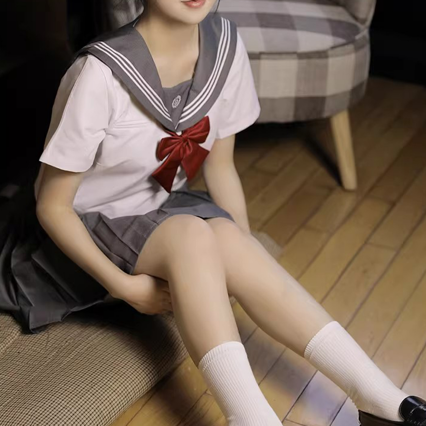 Authentic Japanese Sailor Suit: Gray Three-Line Collar JK Uniform Set - Basic Summer Short-Sleeve Academy Style (C019) party X party