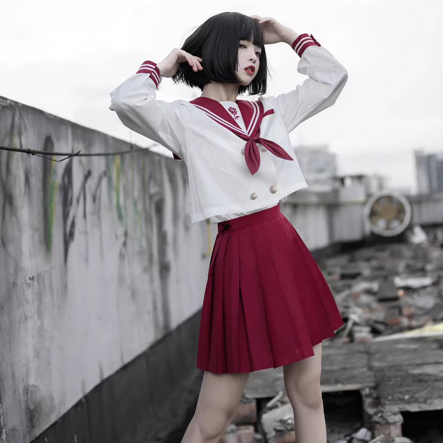 Milk Tea Cat 【War and Roses】 JK Uniform Set | Plaid Skirt & Sailor Suit | Original "Bad-Girl" Academy Style Japanese Anime Costume C058 party X party