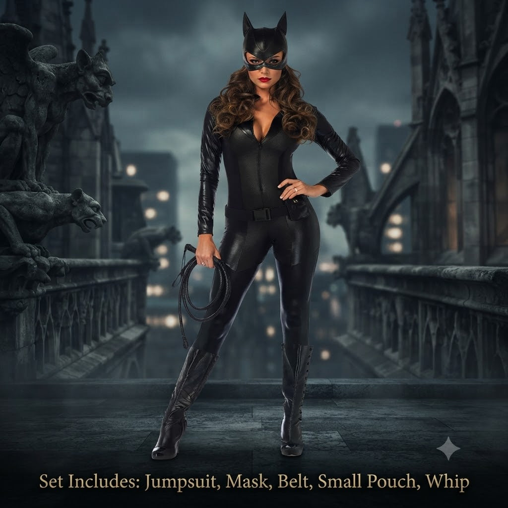 Catwoman High-Stretch Patent Leather Cosplay Costume Tight Hero Catsuit Outfit with Jumpsuit, Mask & Whip – DC402 party X party