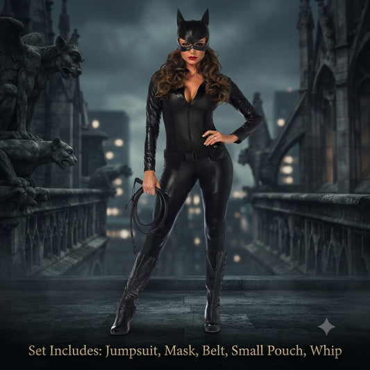 Catwoman High-Stretch Patent Leather Cosplay Costume Tight Hero Catsuit Outfit with Jumpsuit, Mask & Whip – DC402 party X party
