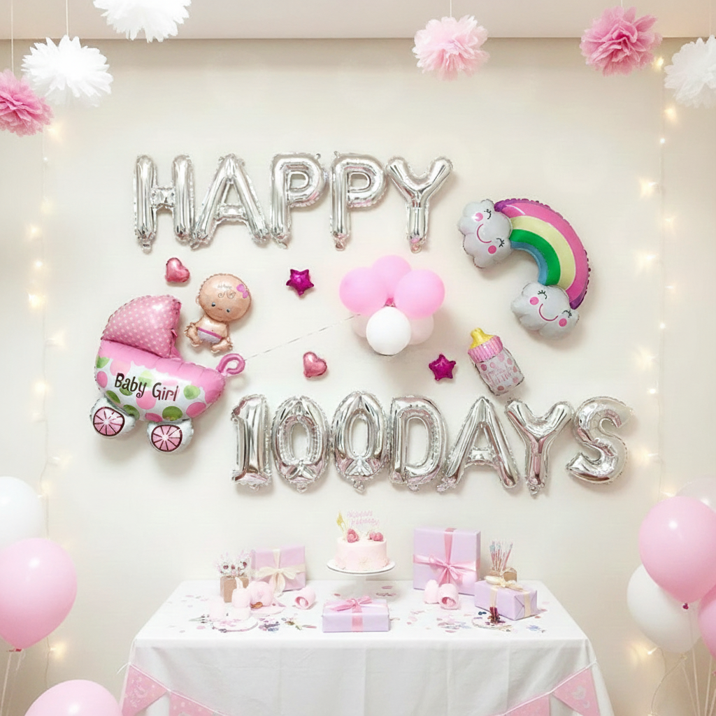 Baby 100th Day Balloon Decoration  Girl, Celebration Party,  Set – S100