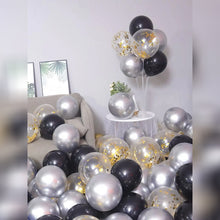 Load image into Gallery viewer, Metallic balloon birthday balloon arrangement decorated with metallic silver, matte black, sequined gold balloon combination B001/B015
