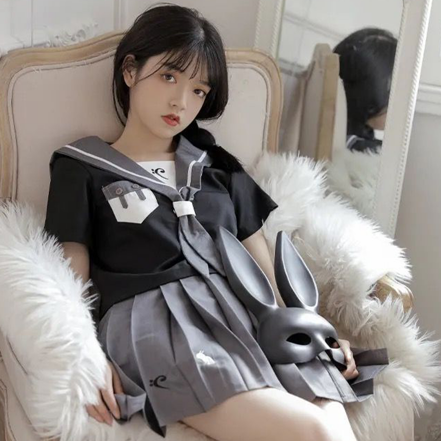 Standard Japanese JK Sailor Suit | 1-Line Minimalist Academy Uniform Set | Short-Sleeve White Summer Student Outfit C024 party X party