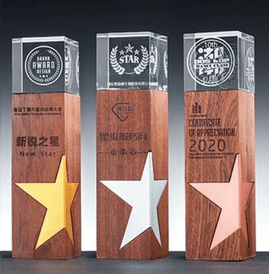 Wooden Trophy Creative Trophy Five-pointed Star Metal Trophy Customizable Colors Engraving Available – TR-880 - party X party