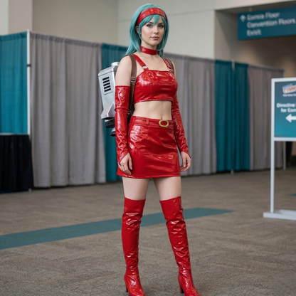 Dragon Ball Bulma Cosplay Costume Red Striped Outfit with Wig Anime Convention Set DB014