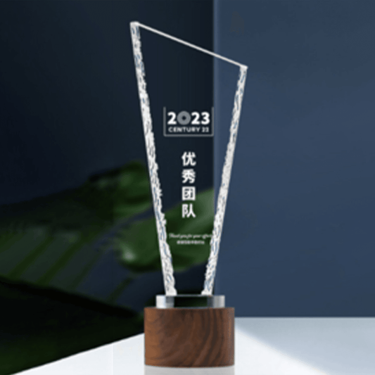 Crystal trophy walnut base annual commemorative trophy, changeable style – -PR130 - party X party