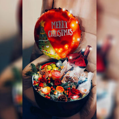 Christmas Eve Balloon & Gift Set – Exquisite Gold Foil Wine & Fruit Box – 0010 - party X party