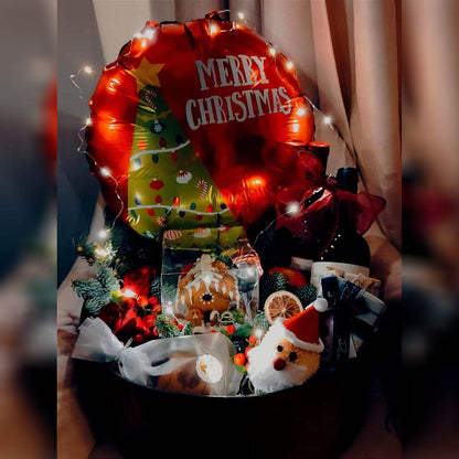 Christmas Eve Balloon & Gift Set – Exquisite Gold Foil Wine & Fruit Box – 0010 - party X party