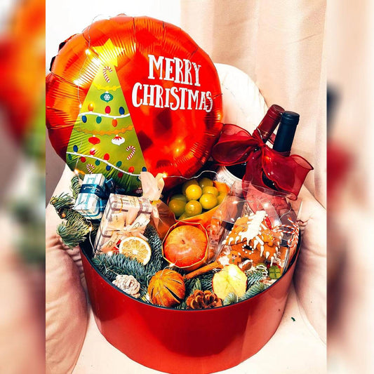 Christmas Eve Balloon & Gift Set – Exquisite Gold Foil Wine & Fruit Box – 0010 - party X party