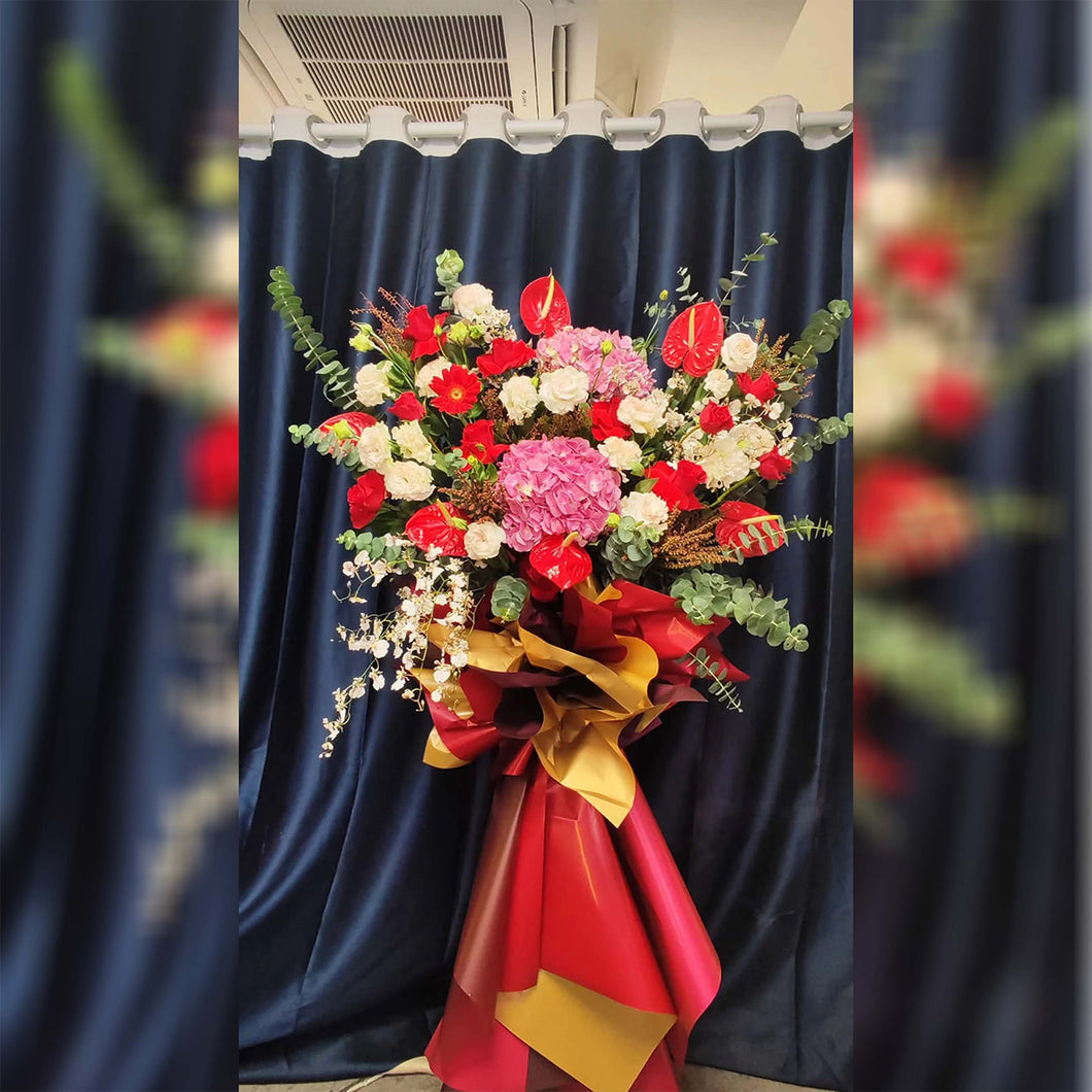 紅掌花籃~深粉繡球、紅太陽菊、紅玫瑰花籃 祝福禮物~開業花籃F-455