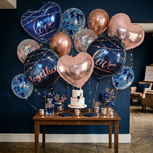 Rose Gold, Blue Heart-Shaped Balloons and Diamond Rings Proposal Decoration Set – S130 party X party