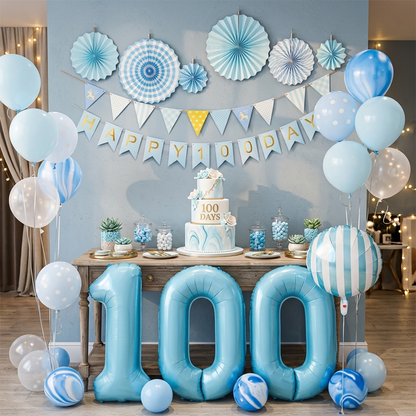 BABY HAPPY 100 DAYS Celebration Set Boys – Party Decor with Number Balloons & Pull Flag for Milestone Celebrations - S136 party X party