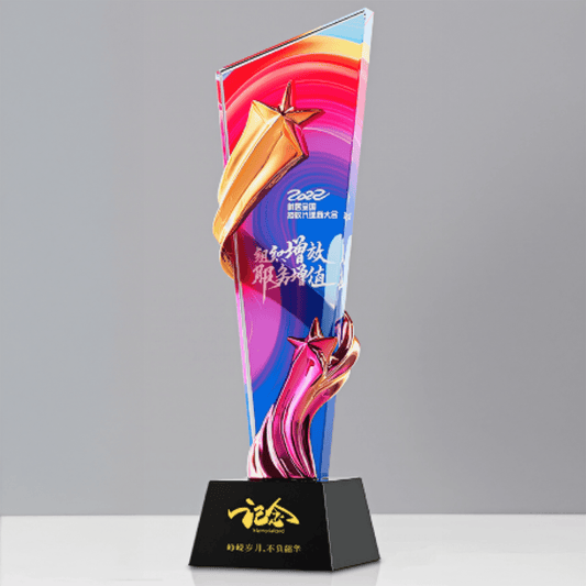Crystal Trophy Metal Five-pointed Star Colored Crystal Trophy Black Crystal Base-TR135 - party X party