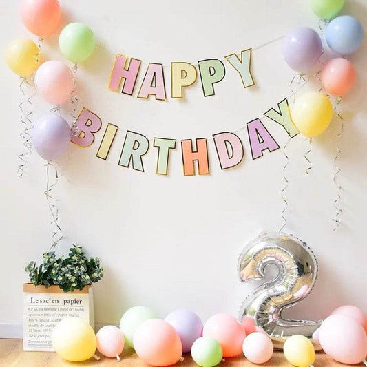 Macaron “HAPPY BIRTHDAY” Flag + 20 Macaron Balloons (Mixed Colors) | Simple Birthday Decoration – B012+B003 - party X party