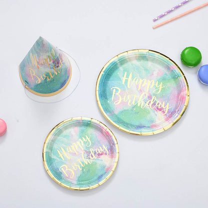 Happy Birthday Watercolor BBQ Tableware – Disposable Plate Set (A036) + Party Hat(--A037) - party X party