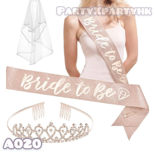 BRIDE TO BE Rose Gold Pre-Wedding Set – Crown, Shoulder Sash & Veil – A020
