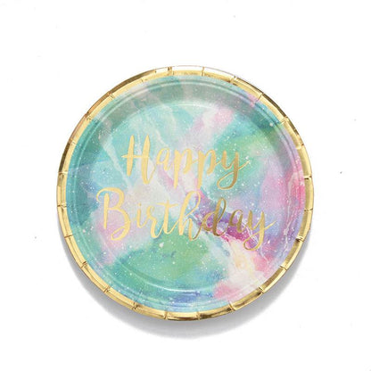 Happy Birthday Watercolor BBQ Tableware – Disposable Plate Set (A036) + Party Hat(--A037) - party X party