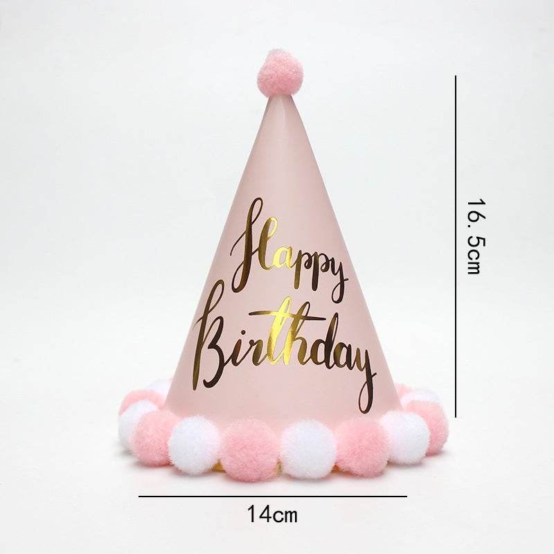 HAPPY BIRTHDAY Plush Ball Birthday Hats (Pink & White)--A038 - party X party
