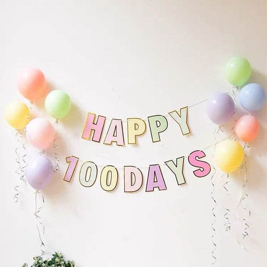 Macaron “HAPPY 100 DAYS” Flag + 20 Macaron Balloons (Mixed Colors) | Simple 100 Days Celebration Decoration – B041+B003 - party X party